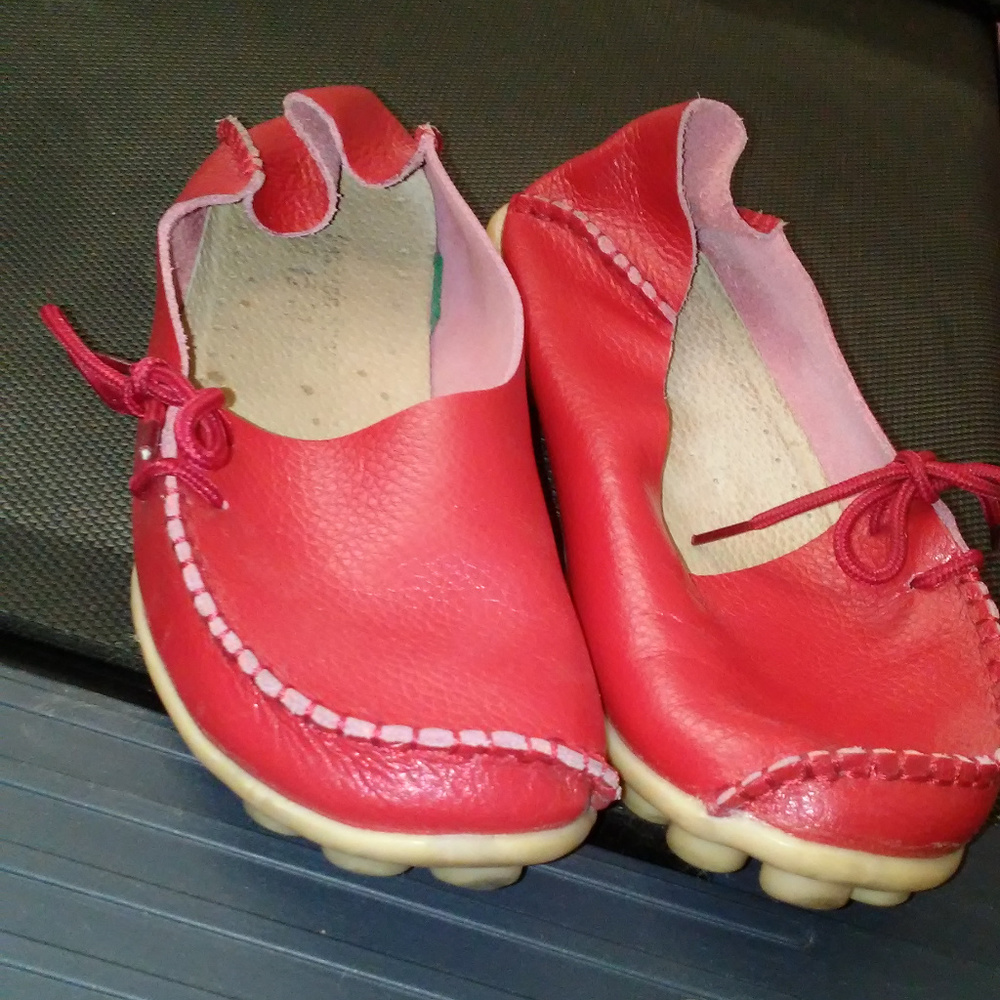 RED LEATHER SLIP ONS